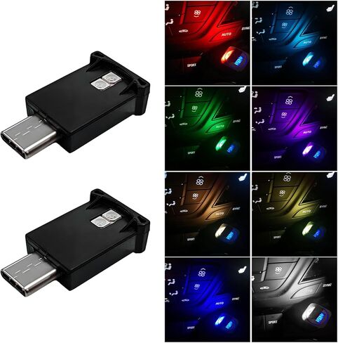 2 PCS USB Type C LED Ambient Light, 8 Colors RGB 5V Car Smart LED Atmosphere Lighting Night Lamp, Mini USB Adjustable Brightness Interior Light Decor for Home Car Laptop in Saudi Arabia