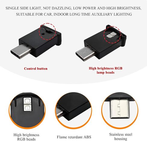 2 PCS USB Type C LED Ambient Light, 8 Colors RGB 5V Car Smart LED Atmosphere Lighting Night Lamp, Mini USB Adjustable Brightness Interior Light Decor for Home Car Laptop in Saudi Arabia