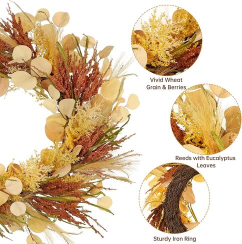 Fall Wreaths for Front Door 22" Autumn Wreaths for Indoor & Outdoor, Rustic Thanksgiving Wreath for Door, Mantel, Window, Wall, Fake Eucalyptus Wreath for Autumn, Halloween, Harvest, Christmas Decor in Saudi Arabia