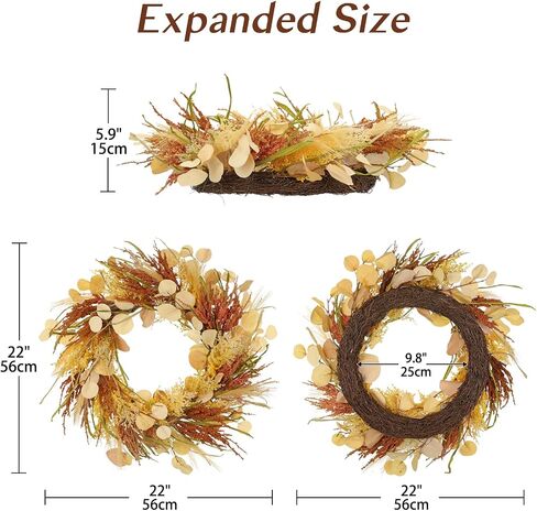 Fall Wreaths for Front Door 22" Autumn Wreaths for Indoor & Outdoor, Rustic Thanksgiving Wreath for Door, Mantel, Window, Wall, Fake Eucalyptus Wreath for Autumn, Halloween, Harvest, Christmas Decor in Saudi Arabia
