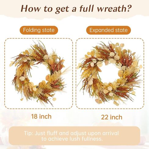 Fall Wreaths for Front Door 22" Autumn Wreaths for Indoor & Outdoor, Rustic Thanksgiving Wreath for Door, Mantel, Window, Wall, Fake Eucalyptus Wreath for Autumn, Halloween, Harvest, Christmas Decor in Saudi Arabia