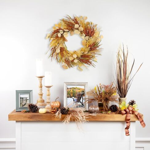 Fall Wreaths for Front Door 22" Autumn Wreaths for Indoor & Outdoor, Rustic Thanksgiving Wreath for Door, Mantel, Window, Wall, Fake Eucalyptus Wreath for Autumn, Halloween, Harvest, Christmas Decor in Saudi Arabia