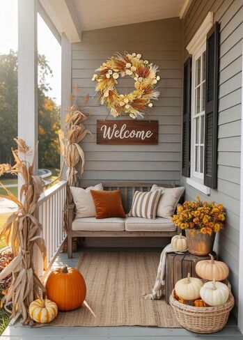 Fall Wreaths for Front Door 22" Autumn Wreaths for Indoor & Outdoor, Rustic Thanksgiving Wreath for Door, Mantel, Window, Wall, Fake Eucalyptus Wreath for Autumn, Halloween, Harvest, Christmas Decor in Saudi Arabia