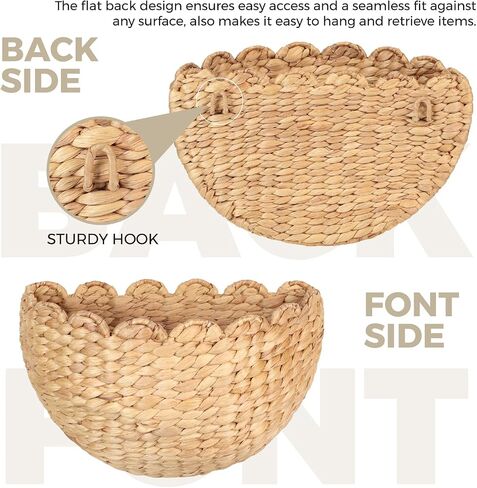 Handwoven Water Hyacinth Scalloped Hanging Basket, Wall Basket Hanging for Flowers Front Door Entryway, Living Room Scalloped Décor Wall Hanging Baskets 16" x 10" x 7"In, Boho Hanging Storage(Natural) in Kuwait
