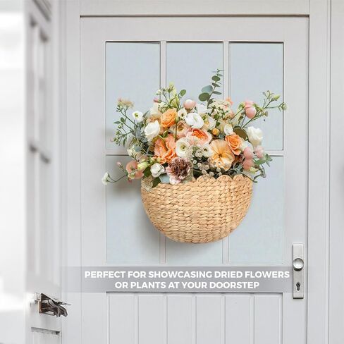 Handwoven Water Hyacinth Scalloped Hanging Basket, Wall Basket Hanging for Flowers Front Door Entryway, Living Room Scalloped Décor Wall Hanging Baskets 16" x 10" x 7"In, Boho Hanging Storage(Natural) in Kuwait