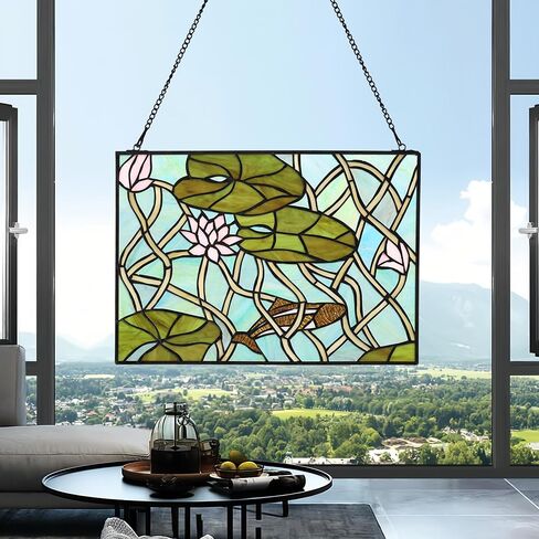 YOURANJU Stained Glass Window Hanging Handicraft Purple Lily Rectangular Glass Window Panel 16"X11" Tiffany Flower Style Window Suncatcher Perfect Window Hangings Housewarming Gift (With Chain Hook) in Saudi Arabia