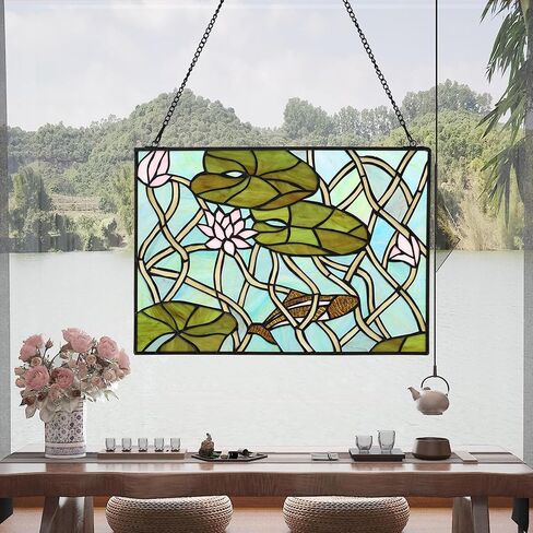YOURANJU Stained Glass Window Hanging Handicraft Purple Lily Rectangular Glass Window Panel 16"X11" Tiffany Flower Style Window Suncatcher Perfect Window Hangings Housewarming Gift (With Chain Hook) in Saudi Arabia