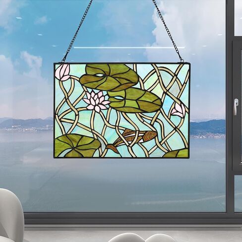 YOURANJU Stained Glass Window Hanging Handicraft Purple Lily Rectangular Glass Window Panel 16"X11" Tiffany Flower Style Window Suncatcher Perfect Window Hangings Housewarming Gift (With Chain Hook) in Saudi Arabia