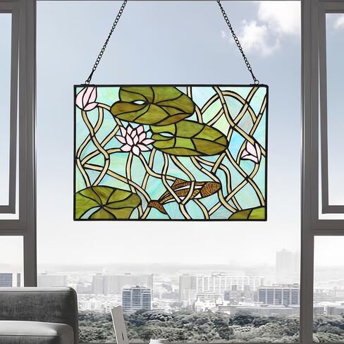 YOURANJU Stained Glass Window Hanging Handicraft Purple Lily Rectangular Glass Window Panel 16"X11" Tiffany Flower Style Window Suncatcher Perfect Window Hangings Housewarming Gift (With Chain Hook) in Saudi Arabia