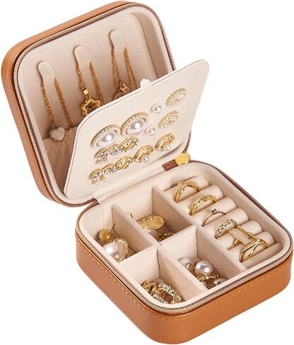 Travel Jewelry Box, PU Leather Small Jewelry Organizer for Women Girls, Portable Mini Travel Case Display Storage Holder Boxes for Stud Earrings, Rings, Necklaces (Brown) in Saudi Arabia