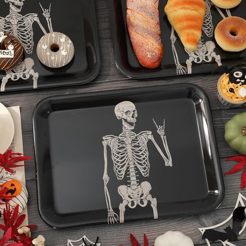 Whaline 3Pcs Halloween Serving Trays Black Skeleton Plastic Platter Serving Dishes for Party Sharing Snack Fruit Dessert Supplies in Saudi Arabia