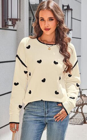 Angashion Women's Heart Sweater Crew Neck Casual Long Sleeve Loose fit Love Print Ribbed Knit Sweaters Pullover Top in Kuwait
