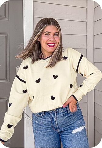 Angashion Women's Heart Sweater Crew Neck Casual Long Sleeve Loose fit Love Print Ribbed Knit Sweaters Pullover Top in Kuwait