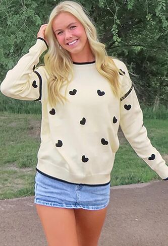 Angashion Women's Heart Sweater Crew Neck Casual Long Sleeve Loose fit Love Print Ribbed Knit Sweaters Pullover Top in Kuwait