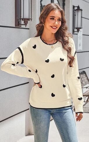 Angashion Women's Heart Sweater Crew Neck Casual Long Sleeve Loose fit Love Print Ribbed Knit Sweaters Pullover Top in Kuwait