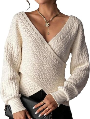 Women’s Casual V Neck Wrap Sweaters Elegant Long Sleeve Loose Fit Drop Shoulder Knitted Pullover Sweater Jumper Top in Saudi Arabia