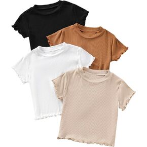 OYOANGLE Toddler Girl's 4 Piece Ribbed Knit Short Sleeve Tee Shirts Lettuce Trim Crew Neck Tee Tops in Saudi Arabia
