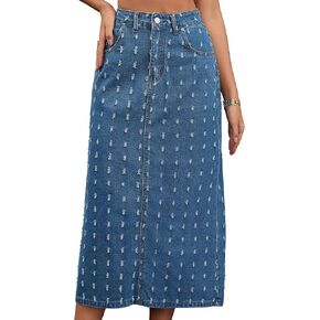 Women Denim Midi Skirt High Waisted Swiss Dots Back Slit Casual Jean Column Skirt in Saudi Arabia