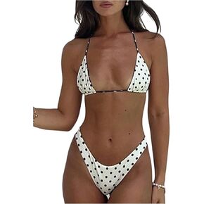 WDIRARA Women's Polka Dots Triangle Halter Swimsuit High Cut Bikini Set 2 Piece Bathing Suit in Kuwait