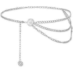 Sliver Chain Belt for Women Multilayer Metal Waist Chain Belts, Fashion Multilayer Adjustable Women Sliver Long Belt Body Belly Jewelry for Dresses Jeans Trousers in Kuwait