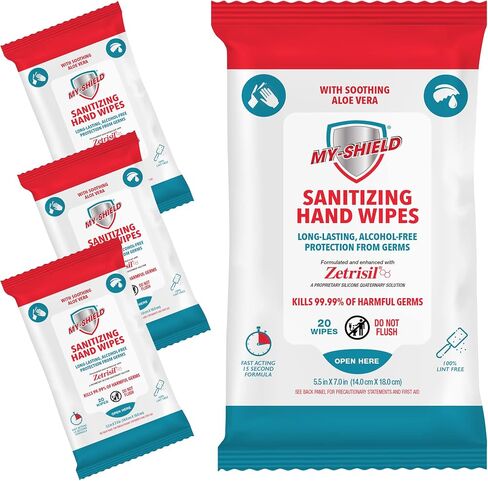 Sanitizing Hand Wipes - Travel Pack - 20 Count (12-pack) Alcohol-Free, Long-lasting Protection. Kills 99.9% of Germs. Moisturizes With Aloe Vera. Formulated with Zetrisil. in Kuwait