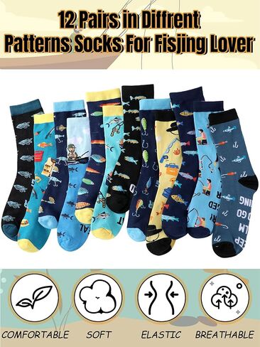 Eurzom 12 Pairs Funny Fishing Socks for Men Novelty Fisherman Gifts Men Cotton Crew Fisherman Socks for Fishing Lover Dad Birthday Xmas Party Favors in Saudi Arabia