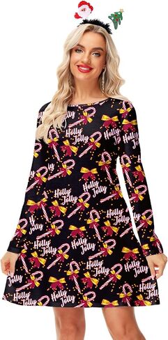 Women Christmas Green Plaid Dress A-Line Long Sleeve Holiday Ugly Dresses XL in Saudi Arabia