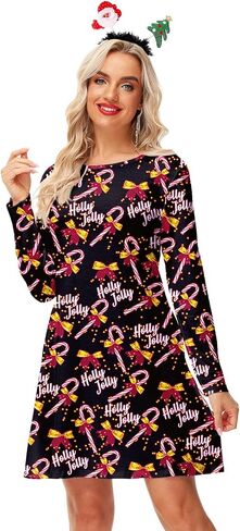 Women Christmas Green Plaid Dress A-Line Long Sleeve Holiday Ugly Dresses XL in Saudi Arabia