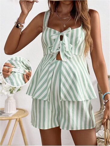 OYOANGLE Women's Maternity 2 Piece Outfits Striped Tie Front Ruffle Peplum Tank Top and Shorts Pregnancy Lounge Set in Saudi Arabia