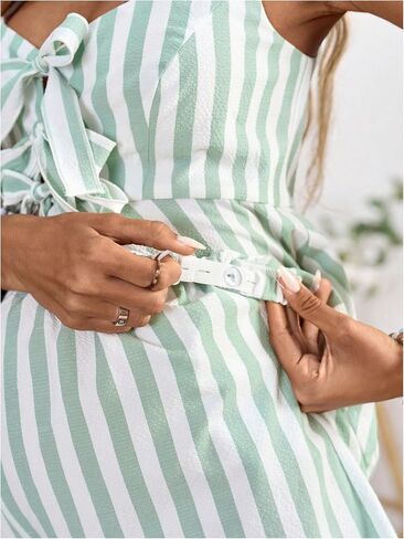 OYOANGLE Women's Maternity 2 Piece Outfits Striped Tie Front Ruffle Peplum Tank Top and Shorts Pregnancy Lounge Set in Saudi Arabia