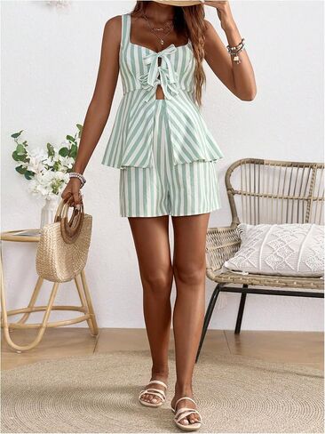 OYOANGLE Women's Maternity 2 Piece Outfits Striped Tie Front Ruffle Peplum Tank Top and Shorts Pregnancy Lounge Set in Saudi Arabia