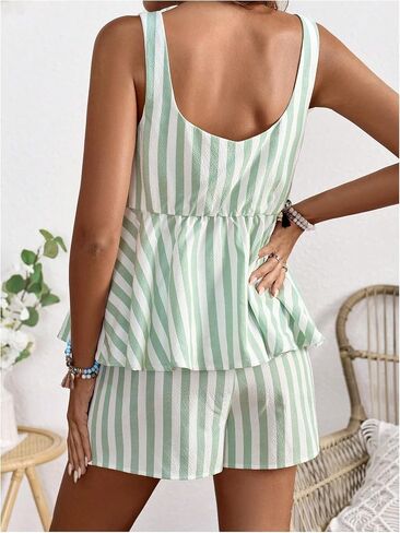 OYOANGLE Women's Maternity 2 Piece Outfits Striped Tie Front Ruffle Peplum Tank Top and Shorts Pregnancy Lounge Set in Saudi Arabia