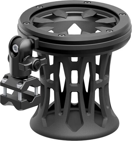 Tackform Black Motorcycle Drink Holder - Fits Bottles/Cans up to 3.25" in Diameter | Metal Enclosure with Rubber Net | Universal Bar Clamp Fits 3/8" - 5/8" Crossbar, Headrest | Aluminum | Short Reach in Saudi Arabia
