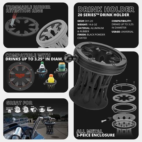 Tackform Black Motorcycle Drink Holder - Fits Bottles/Cans up to 3.25" in Diameter | Metal Enclosure with Rubber Net | Universal Bar Clamp Fits 3/8" - 5/8" Crossbar, Headrest | Aluminum | Short Reach in Saudi Arabia