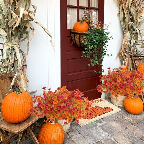 Kingsboomy 12Pcs Artificial Fall Flowers Mums for Outdoors, Faux Plants, Silk Colorful Fake Flowers Eucalyptus Realistic UV Resistant for Outside Home Planter Porch Patio Yard Decor (12, Orange) in Kuwait