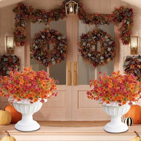 Kingsboomy 12Pcs Artificial Fall Flowers Mums for Outdoors, Faux Plants, Silk Colorful Fake Flowers Eucalyptus Realistic UV Resistant for Outside Home Planter Porch Patio Yard Decor (12, Orange) in Kuwait