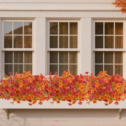 Kingsboomy 12Pcs Artificial Fall Flowers Mums for Outdoors, Faux Plants, Silk Colorful Fake Flowers Eucalyptus Realistic UV Resistant for Outside Home Planter Porch Patio Yard Decor (12, Orange) in Kuwait