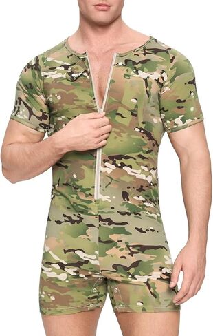 Onesie for Men Cotton Short Sleeve Camouflage Pajama Jumpsuits One Piece Printed Romper Bodysuit Zipper Up in Saudi Arabia