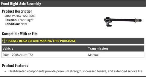 Front Right Passenger Side Intermediate Shaft Axle Assembly - Compatible with 2004-2008 Acura TSX (with Manual Transmission) in Saudi Arabia