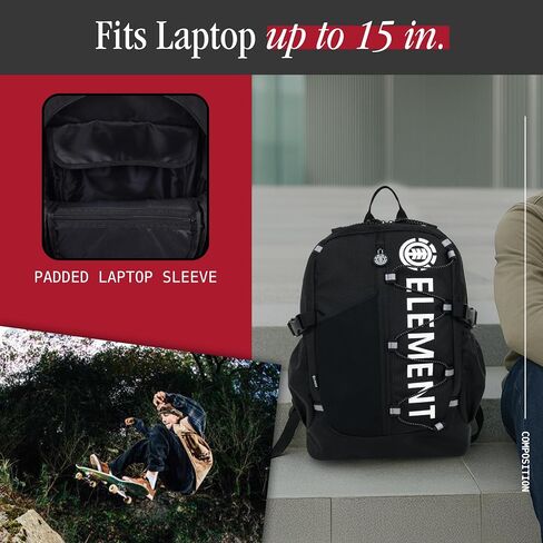 Element Backpack, Vertical Logo Skate Pack, Multi-Compartment Storage, Reflective Bungee Cord, Black in Saudi Arabia