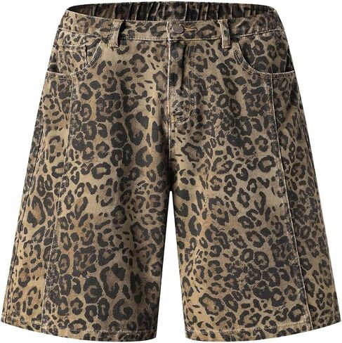 للجنسين ليوبارد طباعة Jorts فضفاض مستقيم الساق الدينيم السراويل Y2K الفهد الشارع الشهير خمر الصيف جينز غير رسمي in Kuwait