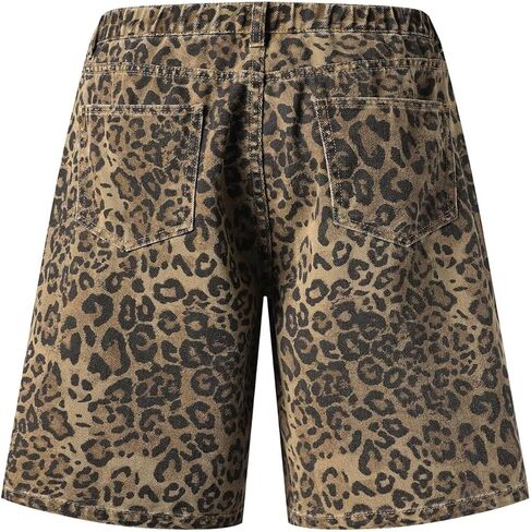 للجنسين ليوبارد طباعة Jorts فضفاض مستقيم الساق الدينيم السراويل Y2K الفهد الشارع الشهير خمر الصيف جينز غير رسمي in Kuwait