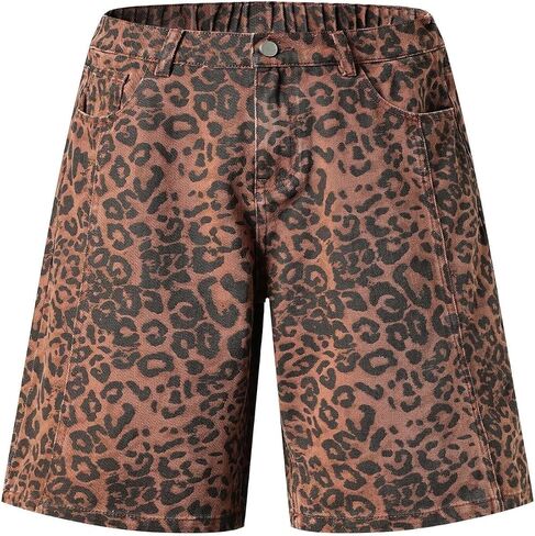 للجنسين ليوبارد طباعة Jorts فضفاض مستقيم الساق الدينيم السراويل Y2K الفهد الشارع الشهير خمر الصيف جينز غير رسمي in Kuwait