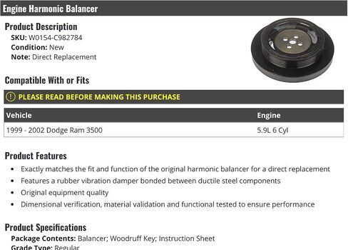Engine Harmonic Balancer - Compatible with 1999-2002 Dodge Ram 3500 5.9L 6-Cylinder in Saudi Arabia