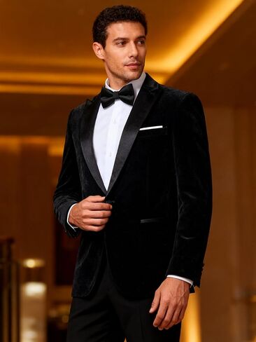 Barry.Wang Velvet Mens Blazer Peaked Lapel Sport Coat Brooch Slim Fit Tuxedo One Button Suit Jacket Wedding Dinner in Kuwait