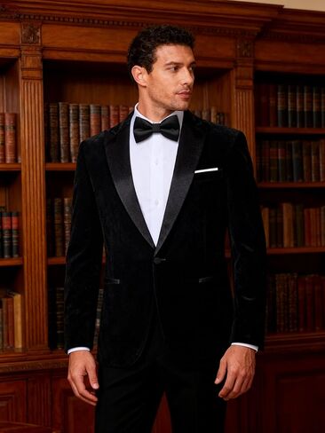 Barry.Wang Velvet Mens Blazer Peaked Lapel Sport Coat Brooch Slim Fit Tuxedo One Button Suit Jacket Wedding Dinner in Kuwait