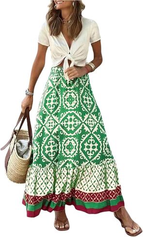 GORGLITTER المرأة بوهو الغربية الكشكشة فلوي ماكسي تنورة العصرية الصيف الجرافيك مرونة عالية الخصر الشاطئ التنانير الطويلة in Kuwait