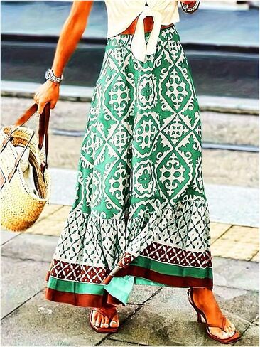 GORGLITTER المرأة بوهو الغربية الكشكشة فلوي ماكسي تنورة العصرية الصيف الجرافيك مرونة عالية الخصر الشاطئ التنانير الطويلة in Kuwait