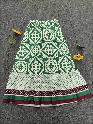 GORGLITTER المرأة بوهو الغربية الكشكشة فلوي ماكسي تنورة العصرية الصيف الجرافيك مرونة عالية الخصر الشاطئ التنانير الطويلة in Kuwait