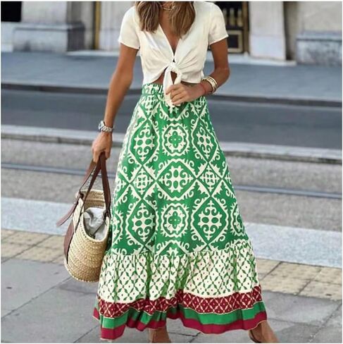 GORGLITTER المرأة بوهو الغربية الكشكشة فلوي ماكسي تنورة العصرية الصيف الجرافيك مرونة عالية الخصر الشاطئ التنانير الطويلة in Kuwait